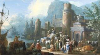 Jan Baptist van derMeiren - A Capriccio View of A Levant Harbour With Travellers, Camels And Other Animals On A Quay
