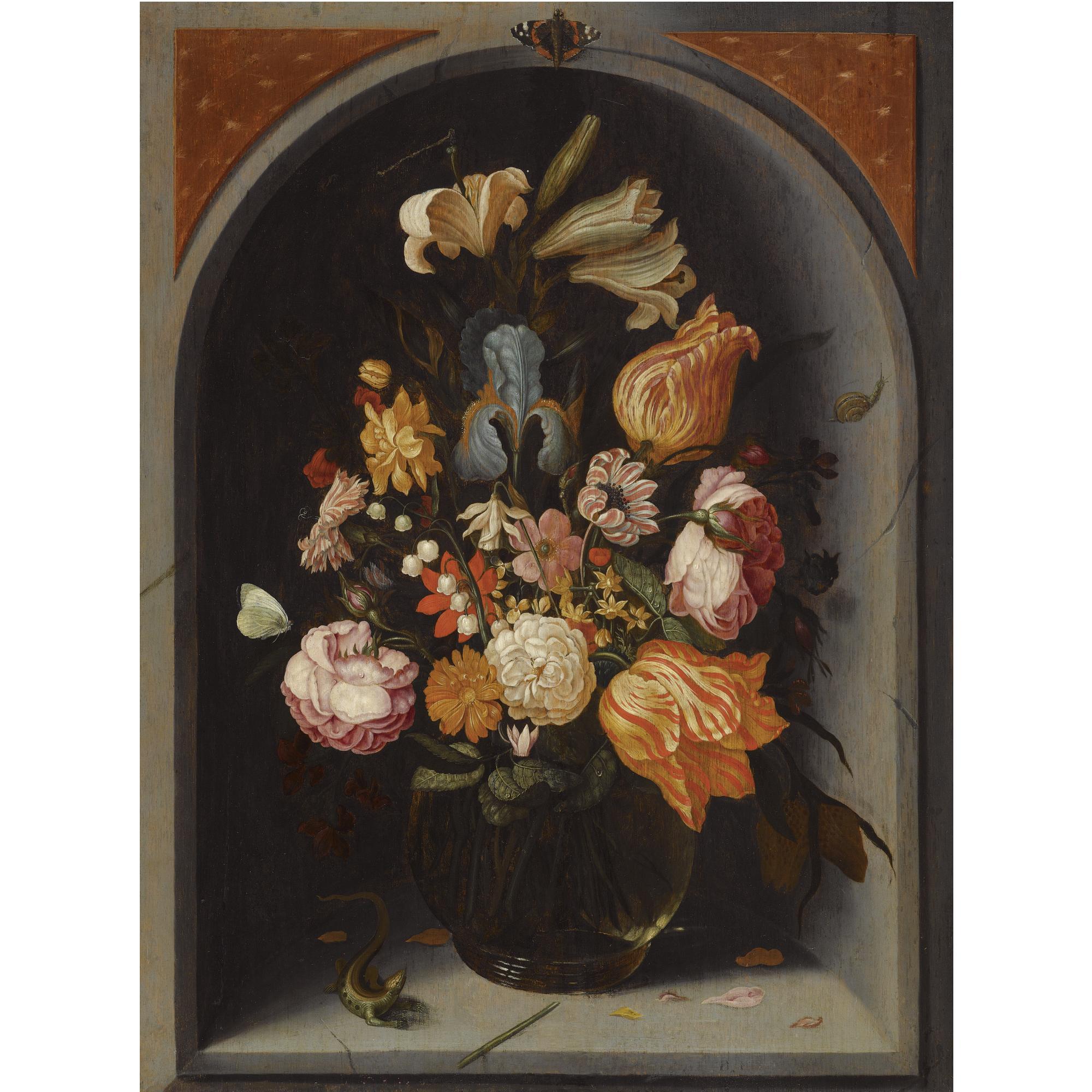 Jan Baptist van Fornenburgh - A Still Life Of Tulips, Lilies, Moss Roses, An Iris And Other Flowers In A Glass Vase In A Marble Niche, With Butterflies And A Lizard