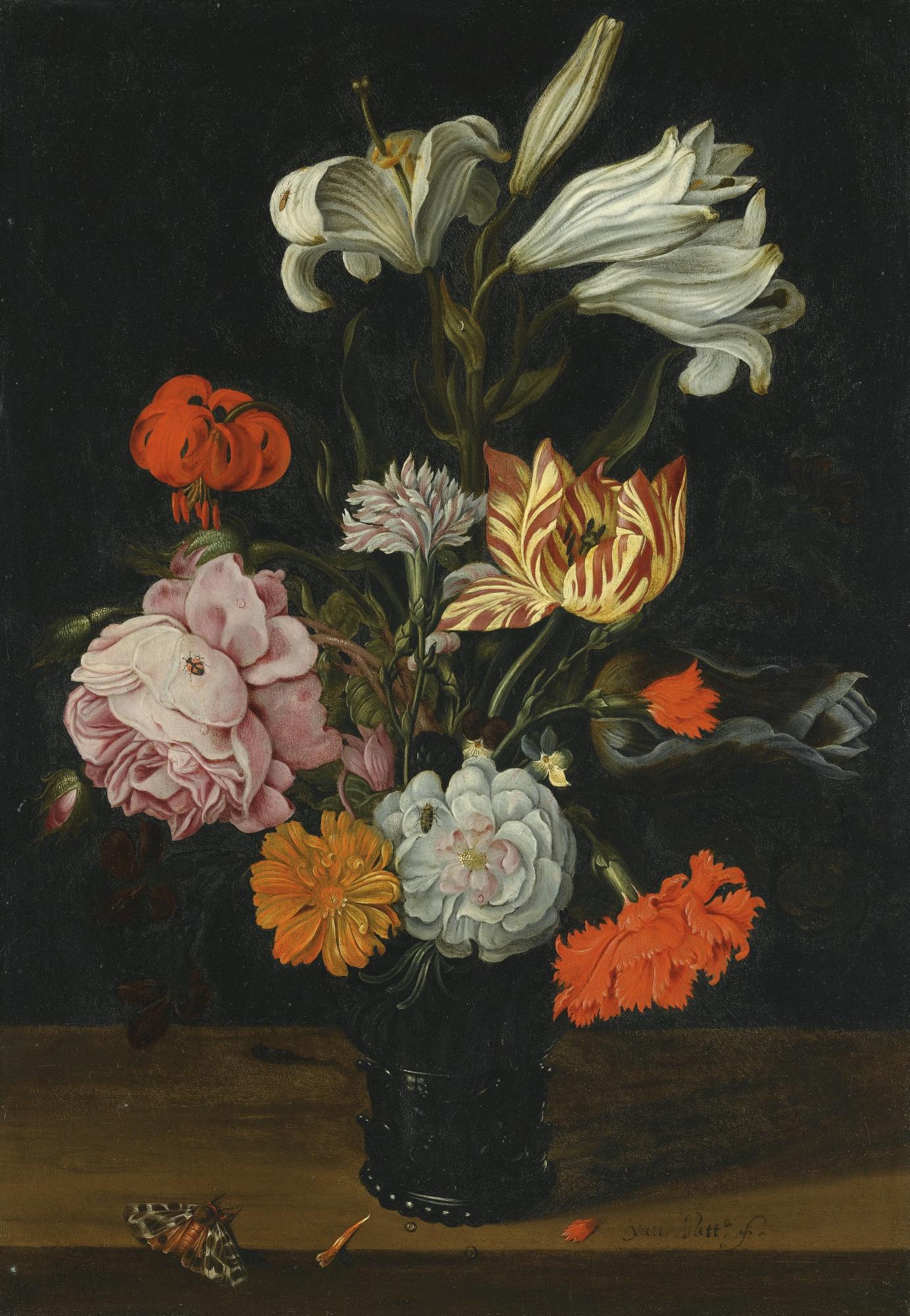 Jan Baptist van Fornenburgh - A Still Life With Flowers In A Glass Roemer, On A Ledge With Fallen Petals