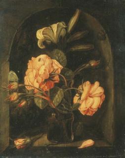 Jan Baptist Van Fornenburgh - Roses et lys dans un verre, un escargot, une araignée, un papillon dans une niche en pierre