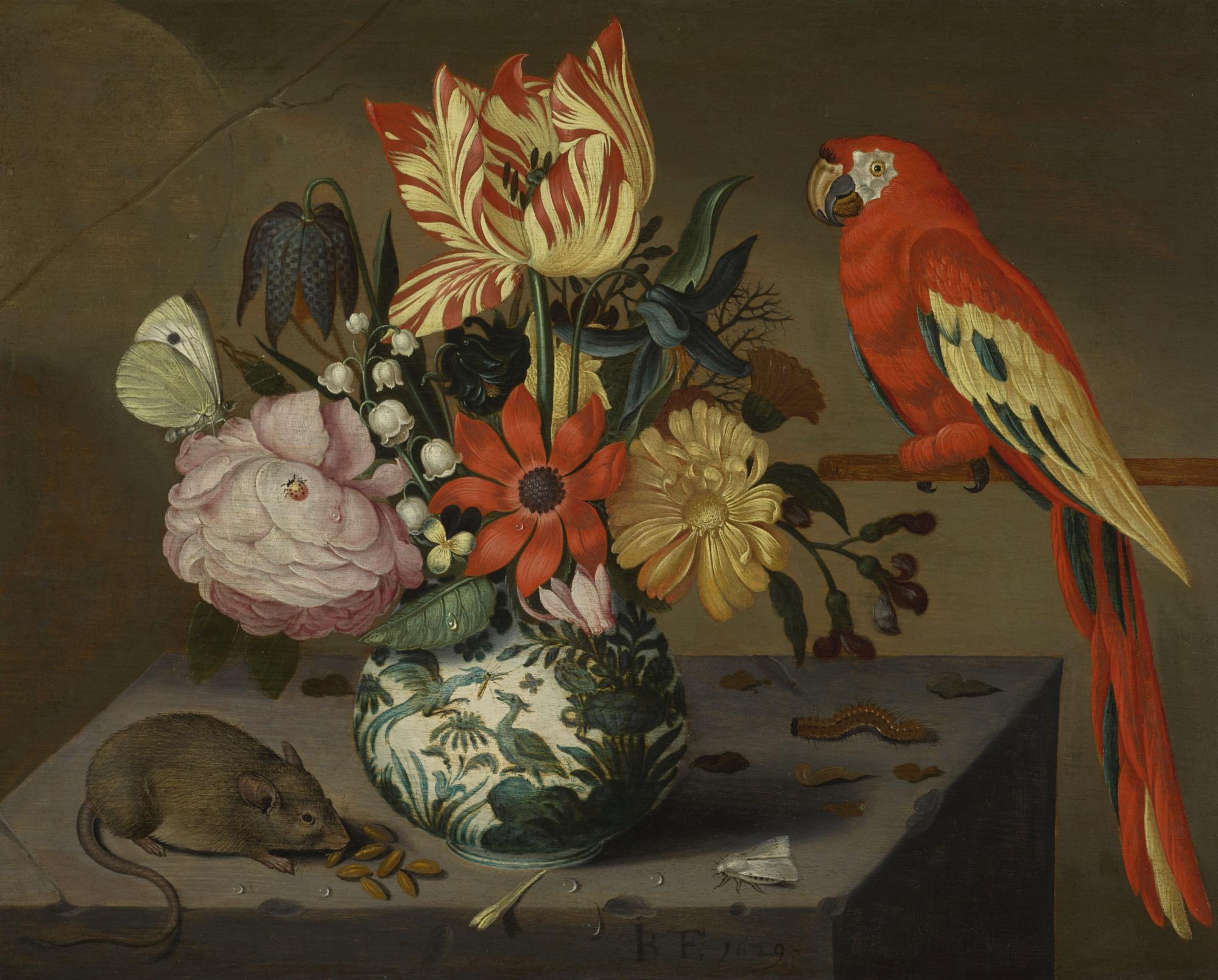 Jan Baptist Van Fornenburgh - Still Life Of Flowers In A Wan-Li Porcelain Vase, Resting On A Stone Ledge With A Mouse, Observed By A Scarlet Macaw