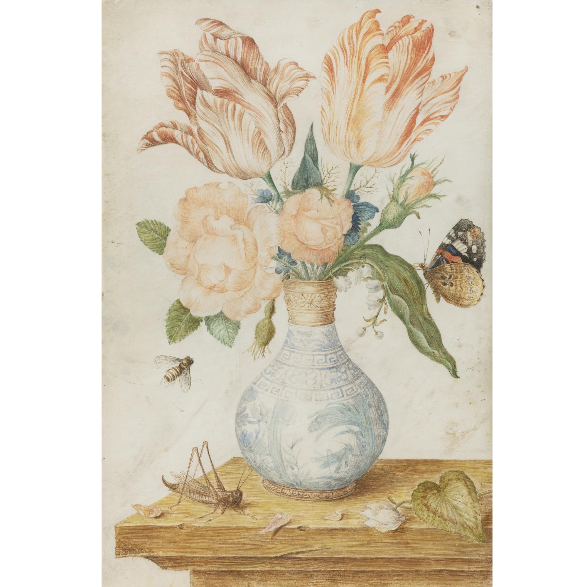 Jan Baptist Van Fornenburgh - Still Life Of Tulips, Roses, A Poppy, An Anemone And Love-In-A-Mist In A Wan Li Vase With Gilt Mounts, And With A Red Admiral Butterfly And Other Insects Around, All Resting On A Wooden Ledge