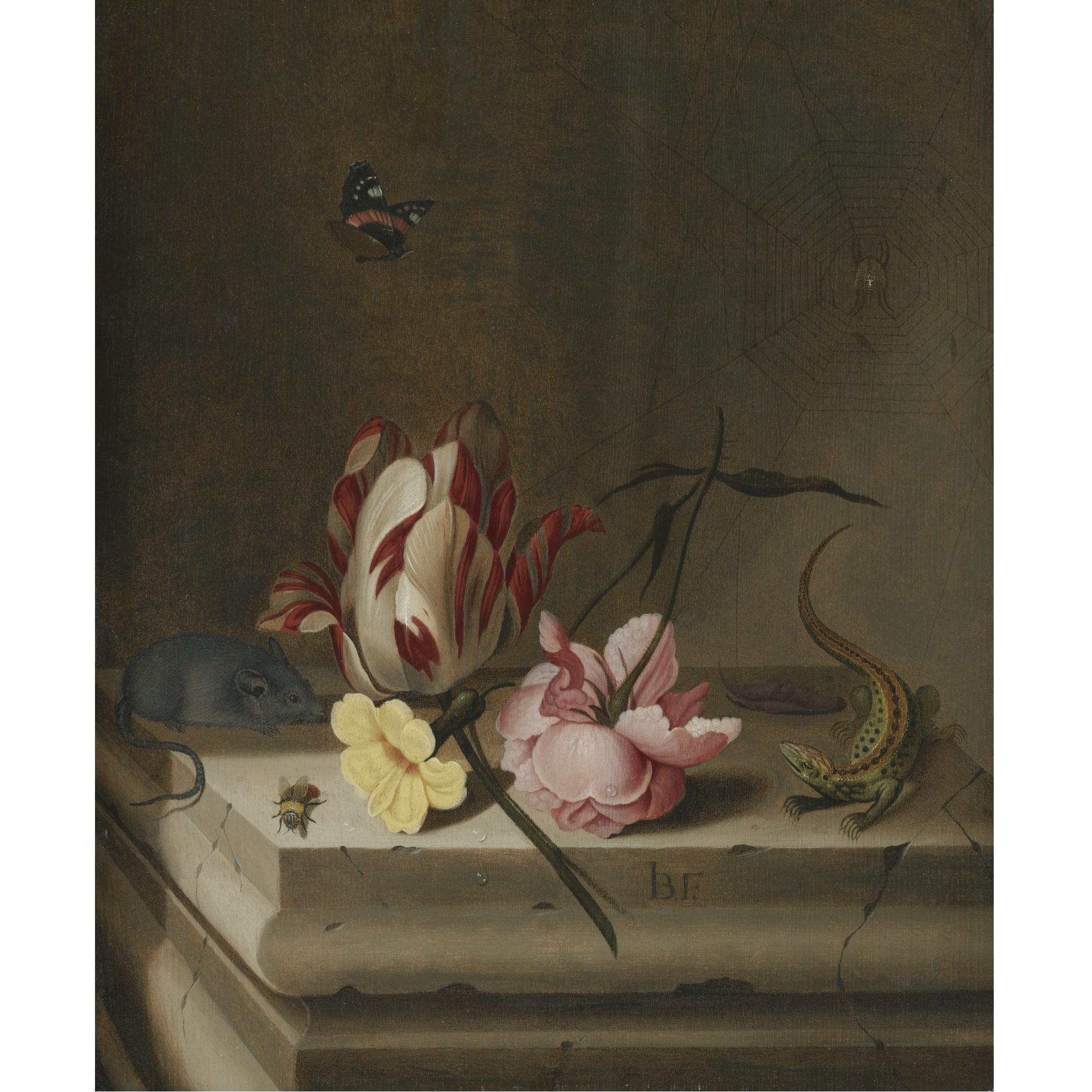Jan Baptist Van Fornenburgh - Still Life With A Parrot Tulip, A Pink Rose, A Mouse, A Lizard And A Bee On A Stone Pedestal, With A Red Admiral And A Spider On Its Web Above