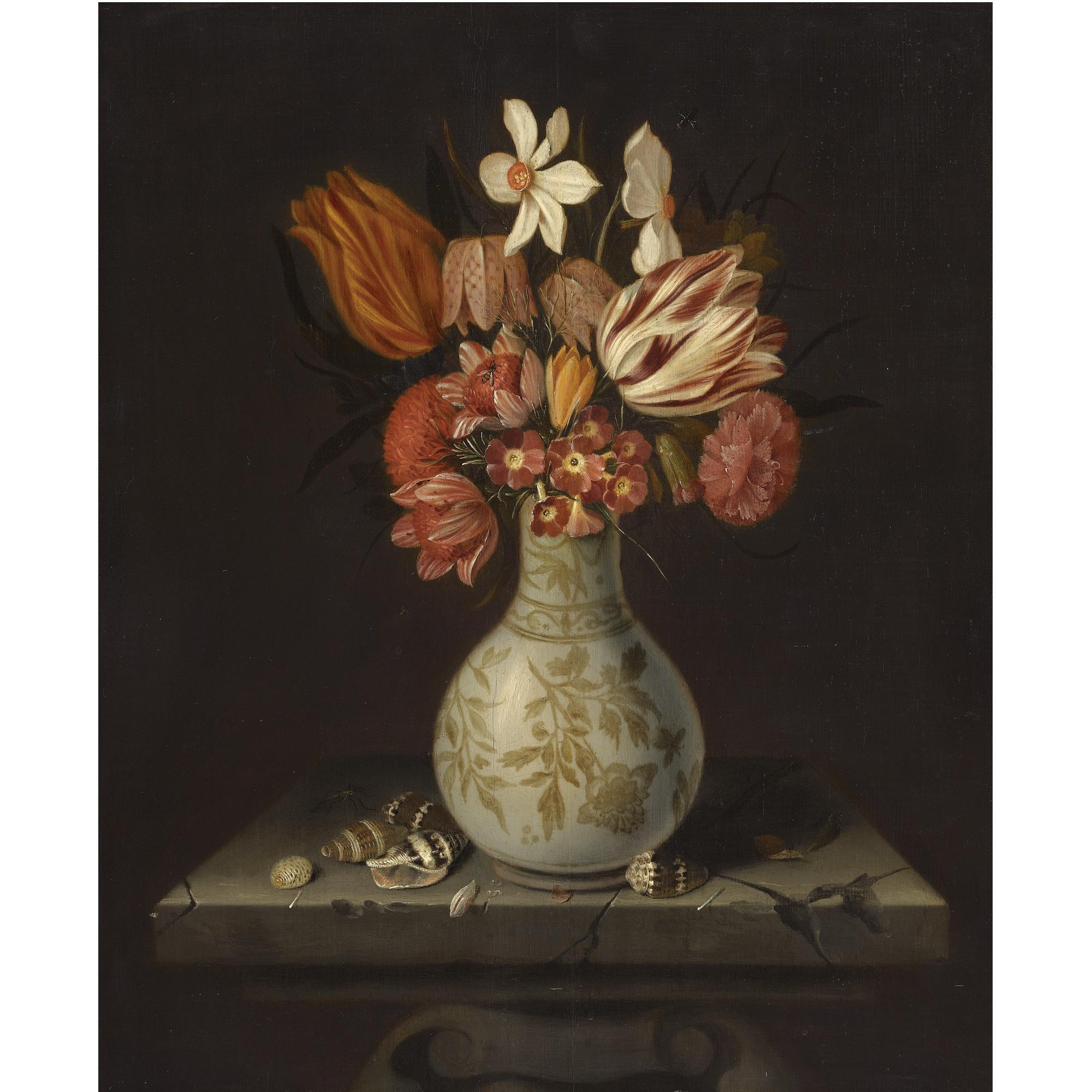 Jan Baptist van Fornenburgh - Still Life With Tulips, Crocuses, Primroses And Other Flowers In A Vase On A Stone Plinth With Shells
