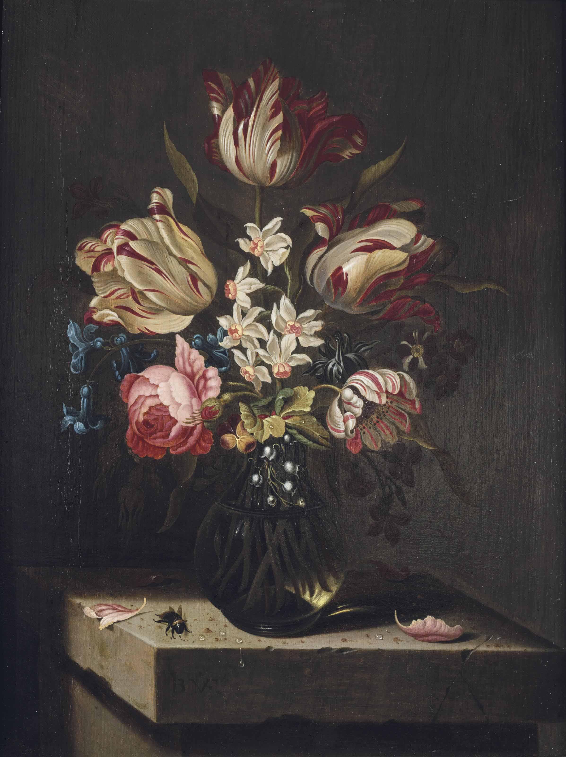 Jan Baptist Van Fornenburgh - Tulips, A Rose, An Anemone, Hyacinths, Narcissi, Lily Of The Valley, Morning Glory And A Violet In A Glass Vase On A Stone Pedestal