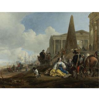 Jan Baptist Weenix - A Mediterranean Harbor Scene With Figures Resting In The Foreground And Antique Ruins Beyond