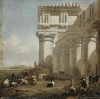 Jan Baptist Weenix - A Roman Temple With Cattle Herders