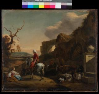 Jan Baptist Weenix - An Italianate Landscape With A Moorish Rider Conversing With A Shepherdess Resting On The Roadside, A Ruined Roman Aqueduct Beyond