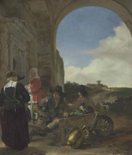 Jan Baptist Weenix - An Italianate Landscape With A Vegetable Vendor Selling His Goods
