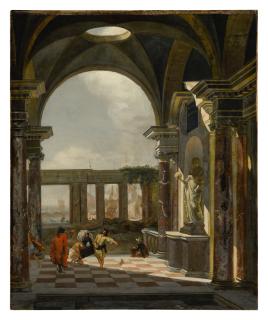 Jan Baptist Weenix - Architectural interior with foreign shippers, ruins and a shipyard beyond