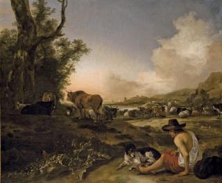 Jan-Baptist Weenix - Berger Assis Dans Un Paysage Avec Son Chien