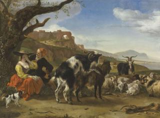Jan Baptist Weenix - Italianate landscape with a shepherd showing a woman his flock