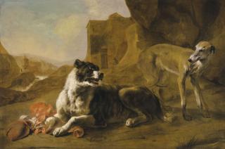 Jan Baptist Weenix - La raison du plus fort: Two dogs fighting over meat