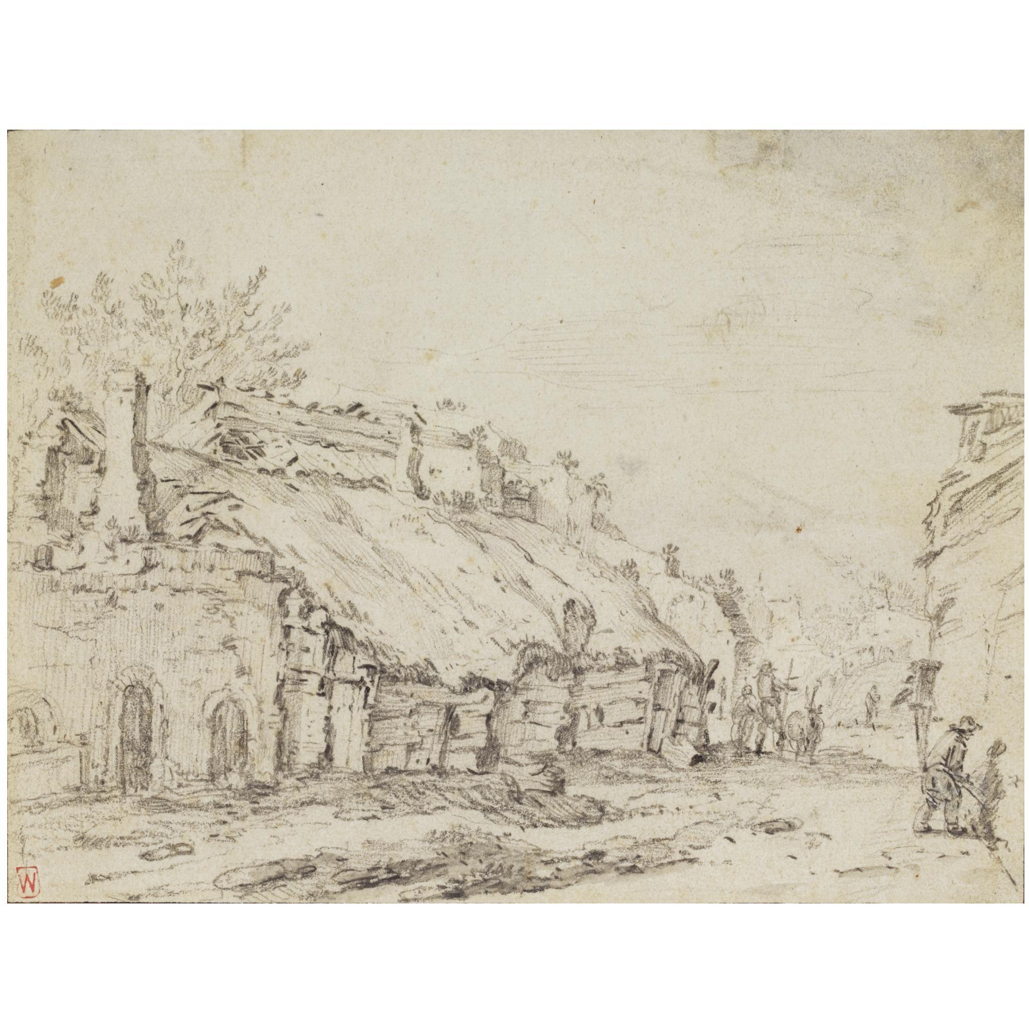 Jan Baptist Weenix - View Of A Village Street With Thatched Cottages