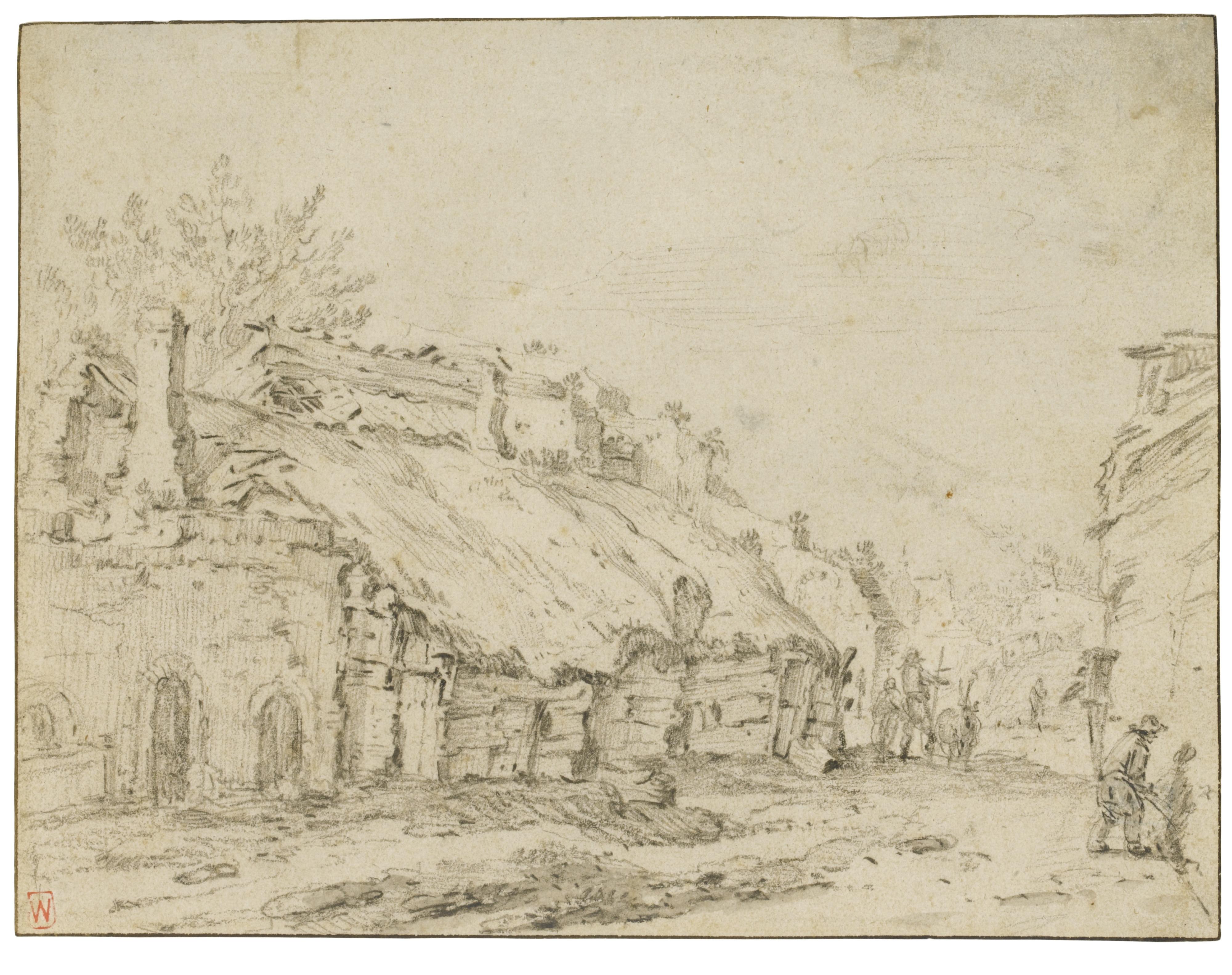 Jan Baptist Weenix - View Of A Village Street With Thatched Cottages