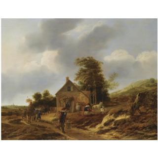 Jan Baptist Wolfaerts - A Dune Landscape With A Peasant Woman Milking Sheep Outside A Farmhouse, A Water Carrier And A Shepherd With His Cattle On A Path, A View Of The Saint Bavo Church In Haarlem Beyond