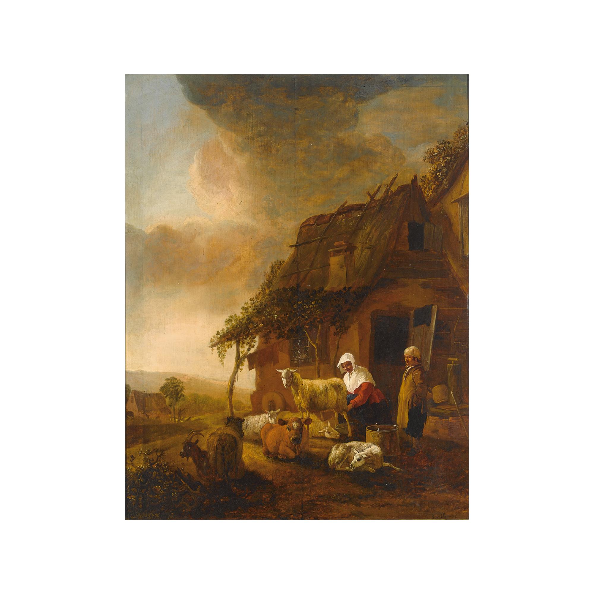 Jan Baptist Wolfaerts - A Shepherdess Milking Sheep Near A Farmhouse