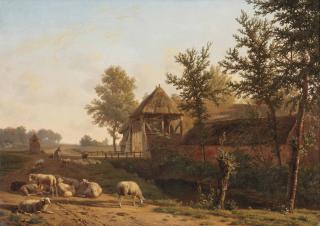 Jan Baptiste de Jonghe - A landscape with a shepherd and his flock on a country-road near a farmhouse