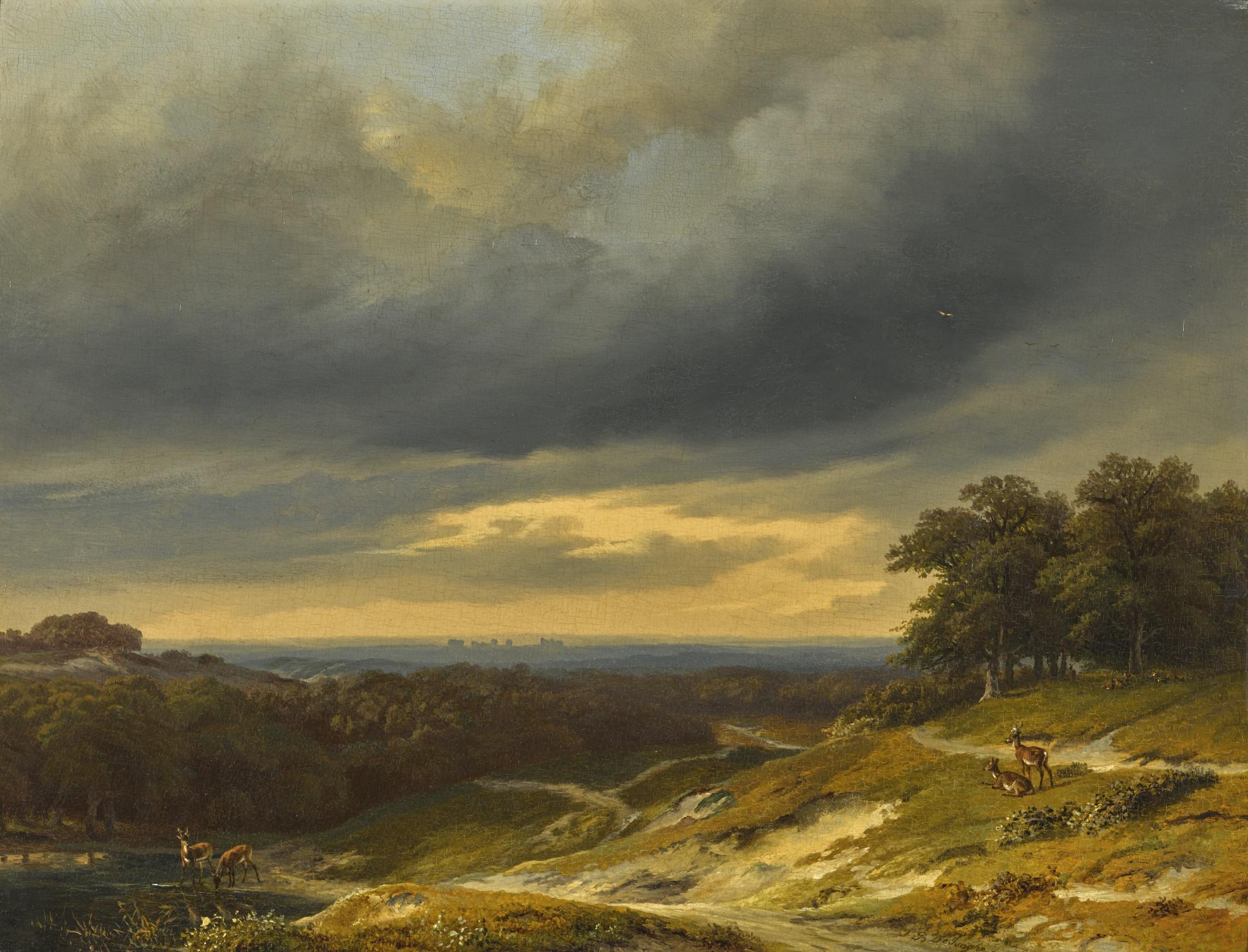 Jan Baptiste De Jonghe - View In Windsor Great Park With Deer Watering In The Foreground
