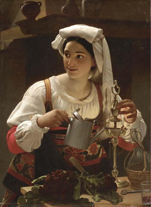 Jan Baptiste Lodewyck Maes - A Young Maiden filling an Oil Lamp