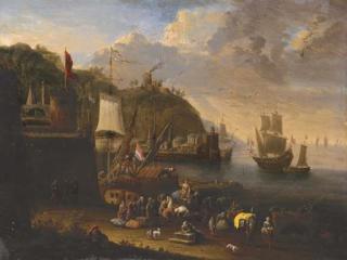 Jan-Baptiste van der Meiren - A port scene with figures unloading and shipping beyond