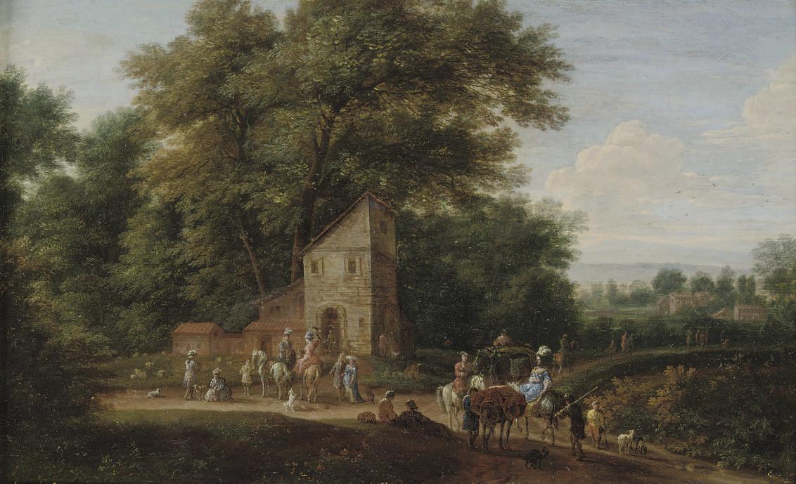 Jan-Baptiste van der Meiren - A wooded landscape with elegant company on horseback