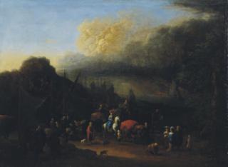 Jan-Baptiste Van Der Meiren - Elegant figures on the quay, a bay beyond