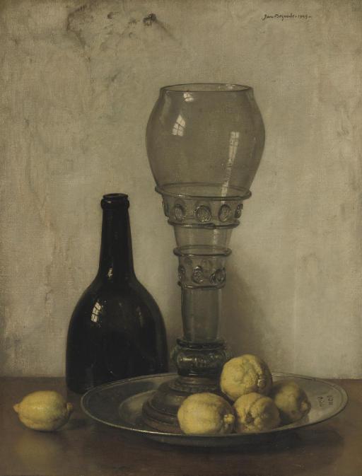 Jan Bogaerts - A bottle, roemer and lemons on a ledge