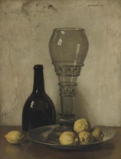 Jan Bogaerts - A bottle, roemer and lemons on a ledge