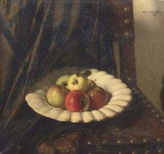 Jan Bogaerts - A still life with apples on a a White Delft gadrooned charger