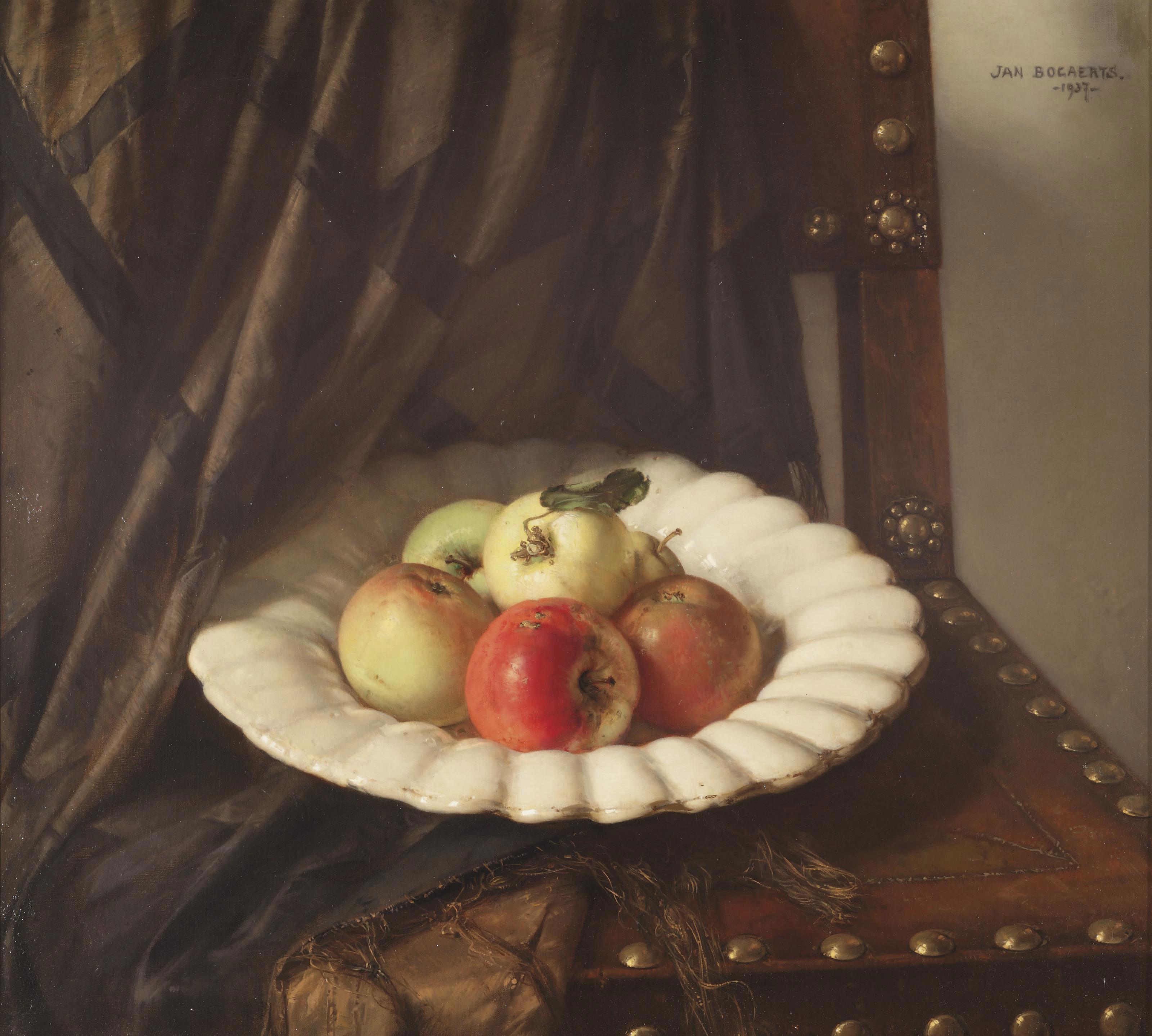 Jan Bogaerts - A still life with apples on a white Delft gadrooned charge