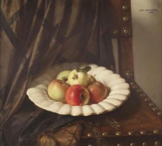 Jan Bogaerts - A still life with apples on a white Delft gadrooned charge