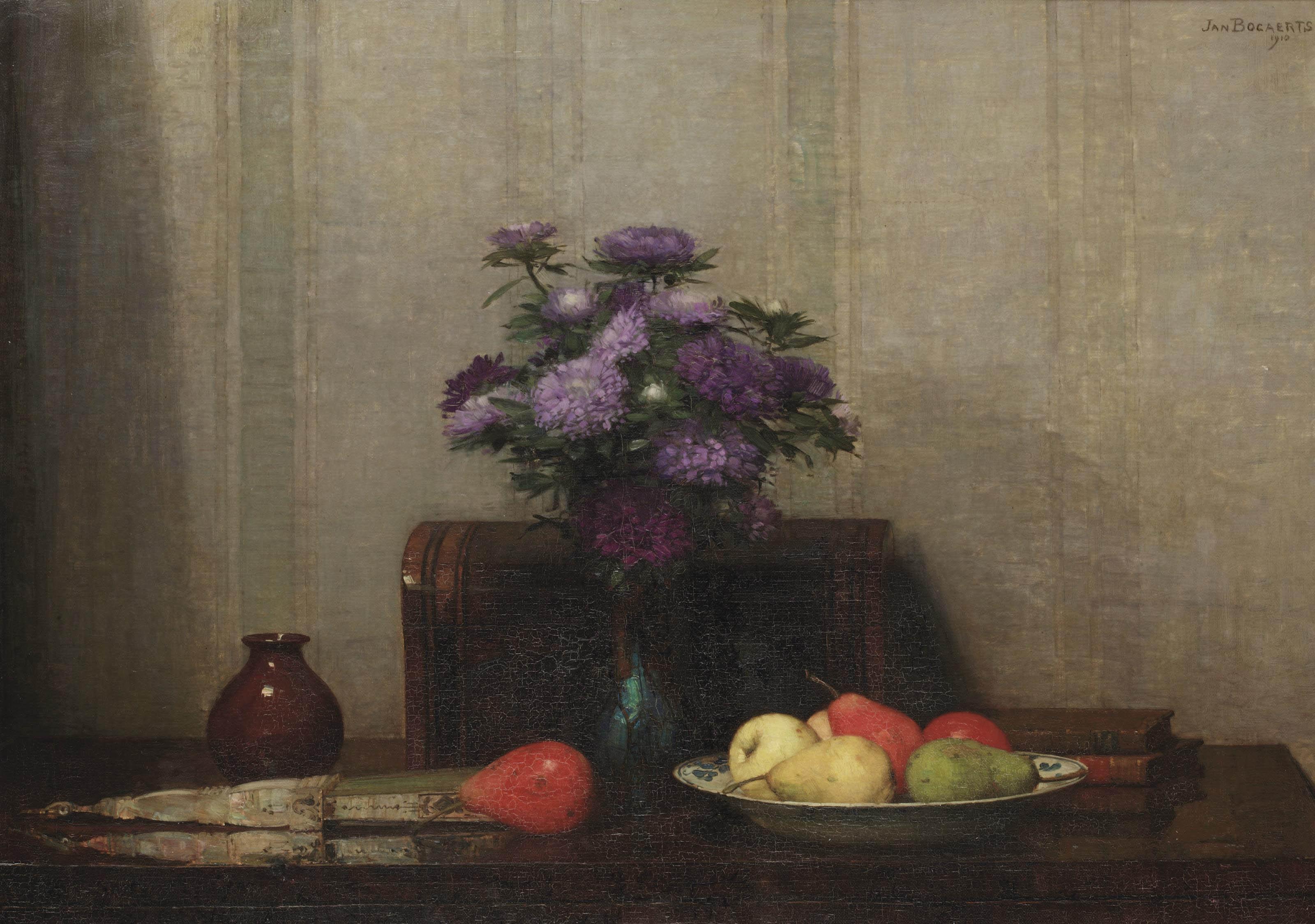 Jan Bogaerts - A still life with pears, flowers and a fan