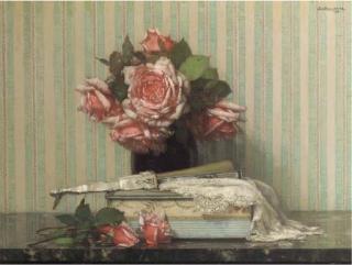 Jan Bogaerts - A still life with pink roses, a fan and a box on a marble ledge
