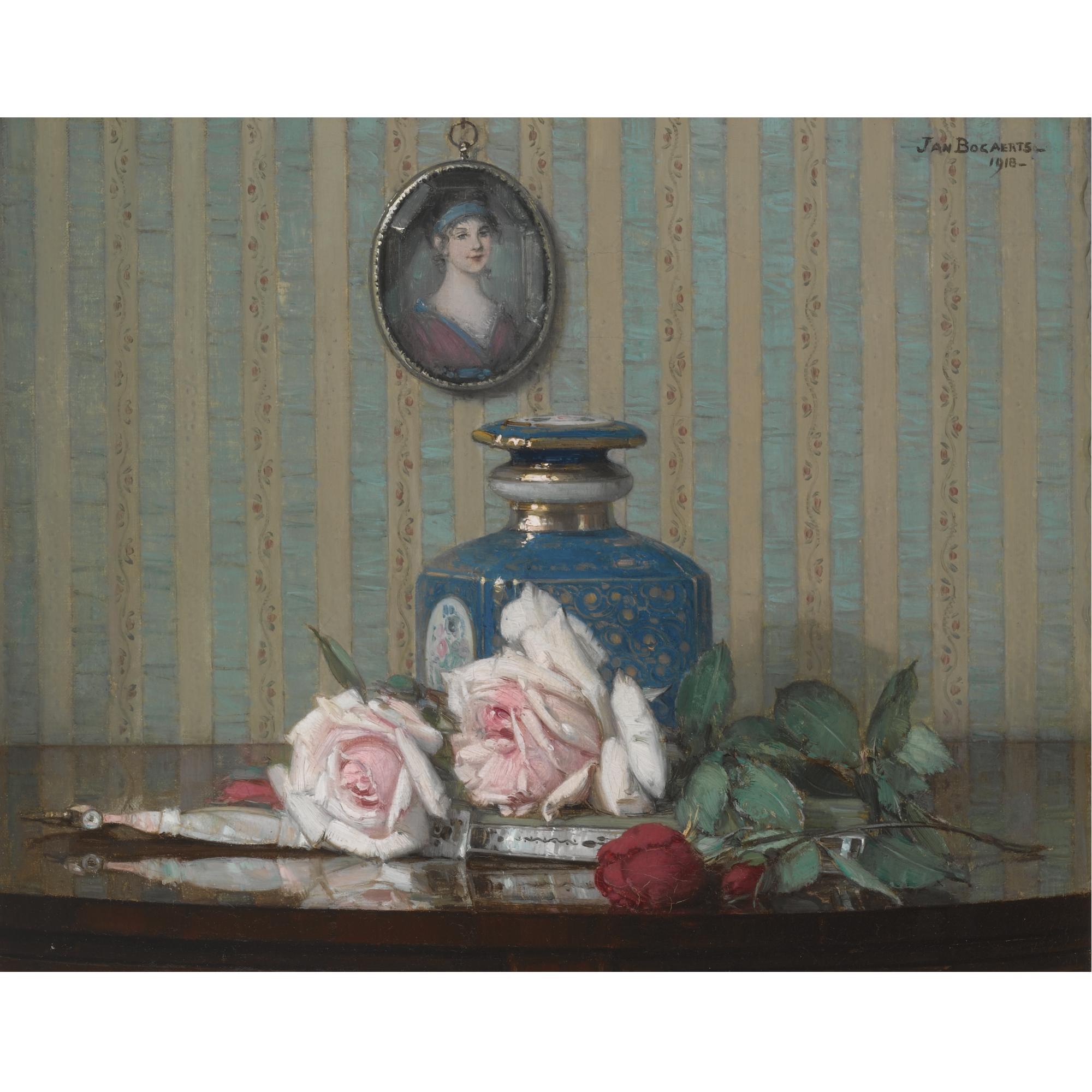 Jan Bogaerts - A Still Life With Roses And A Fan