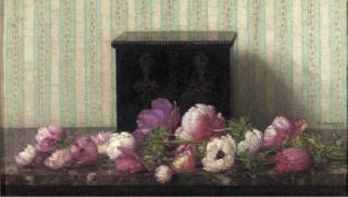 Jan Bogaerts - Anemonen op marmer: a still life with anemones and an ebonised casket laquer box on a marble ledge