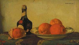 Jan Bogaerts - Oranges on a plate, with a Benedictine bottle