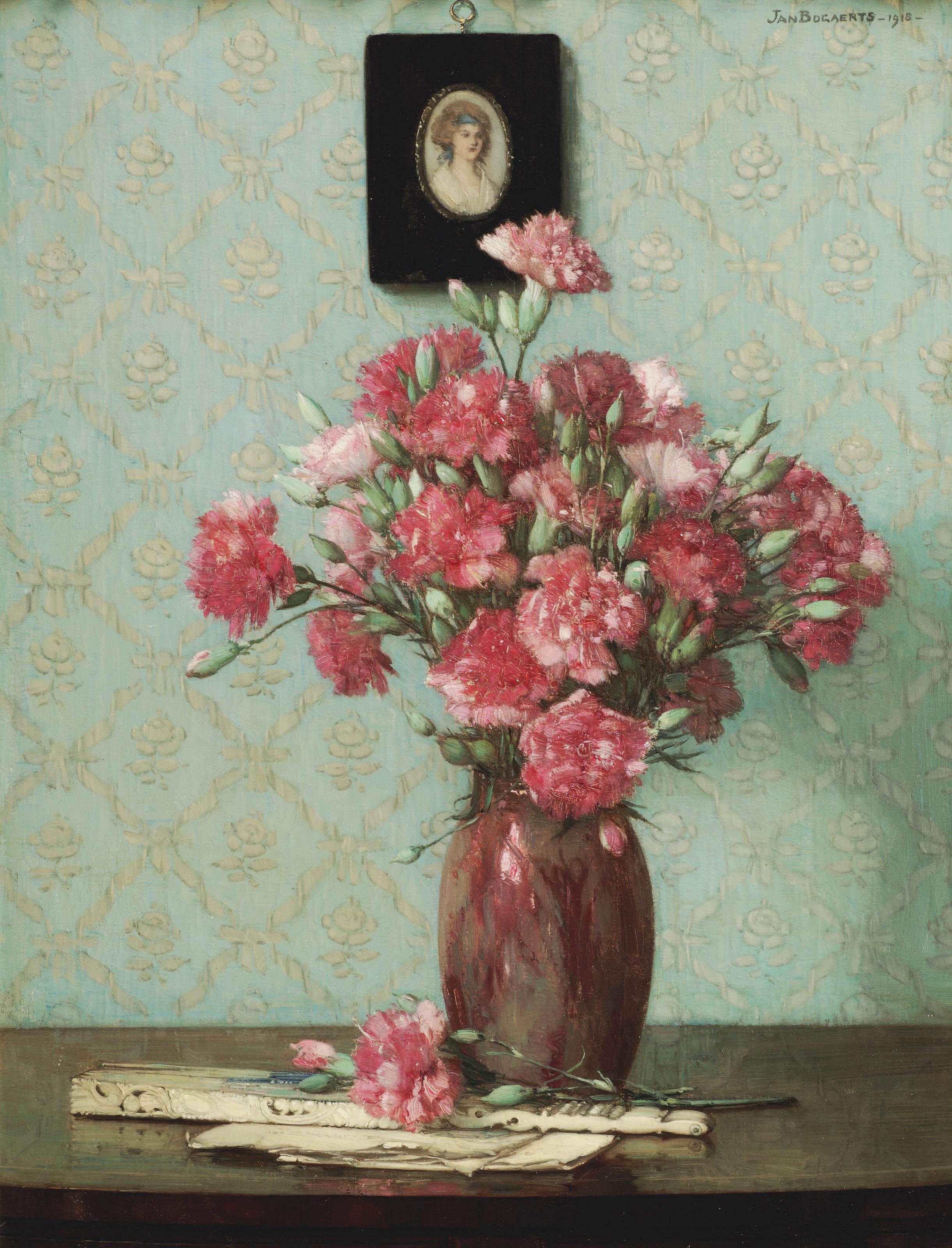 Jan Bogaerts - Pink carnations with an ivory fan