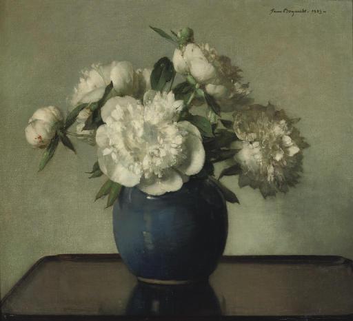 Jan Bogaerts - White peonies in a blue earthenware vase