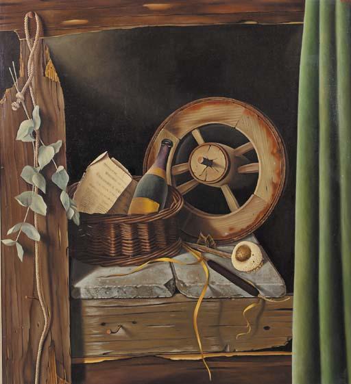 Jan Bor - A still life with a cartwheel, a bottle and a newspaper in a basket