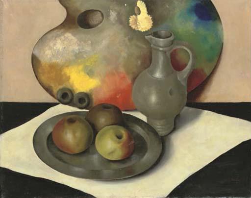 Jan Bor - A Still Life With A Palette, Apples On A Pewter Plate And A Pewter Jug