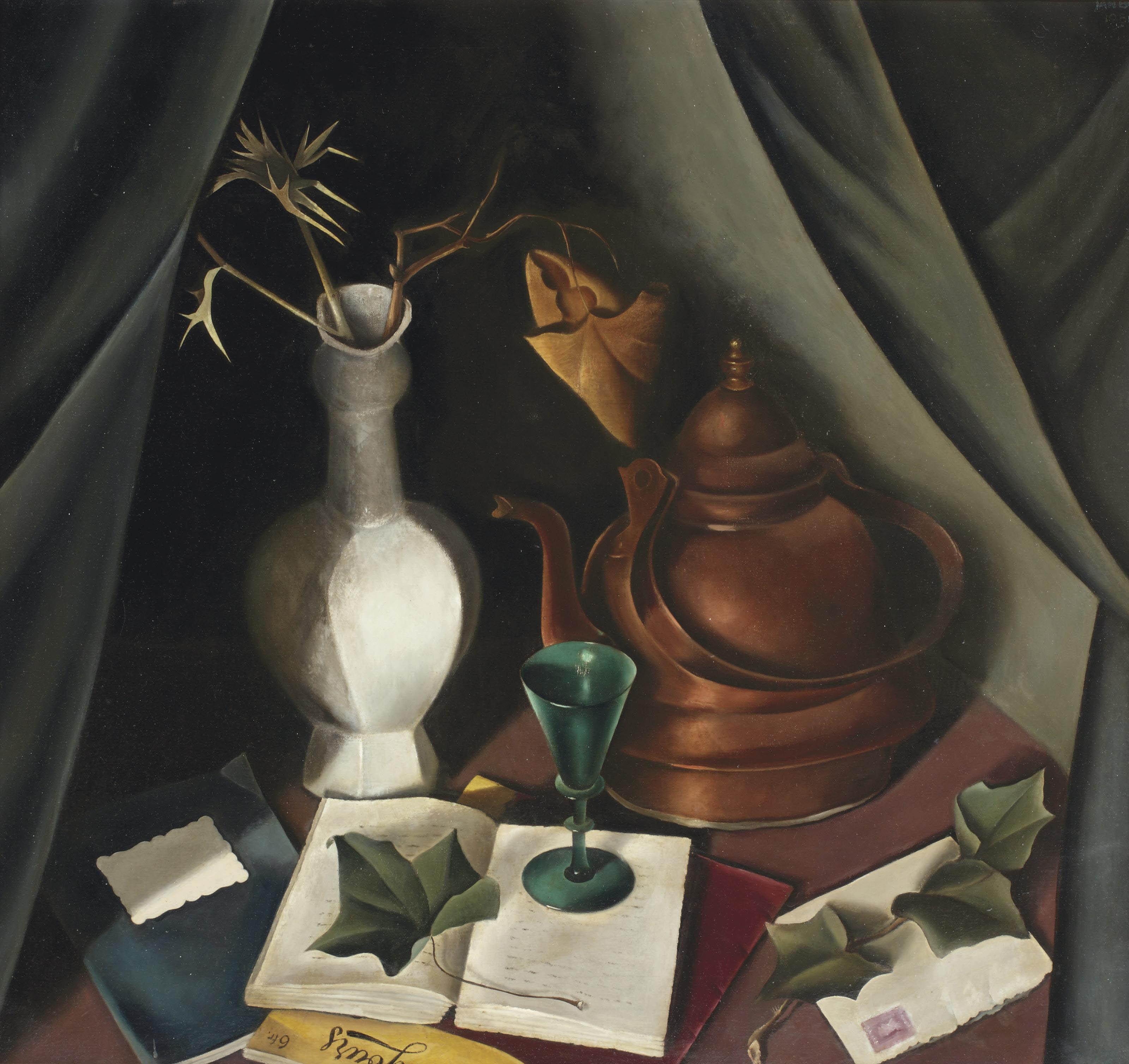 Jan Bor - A still life with a vase, a kettle and a glass