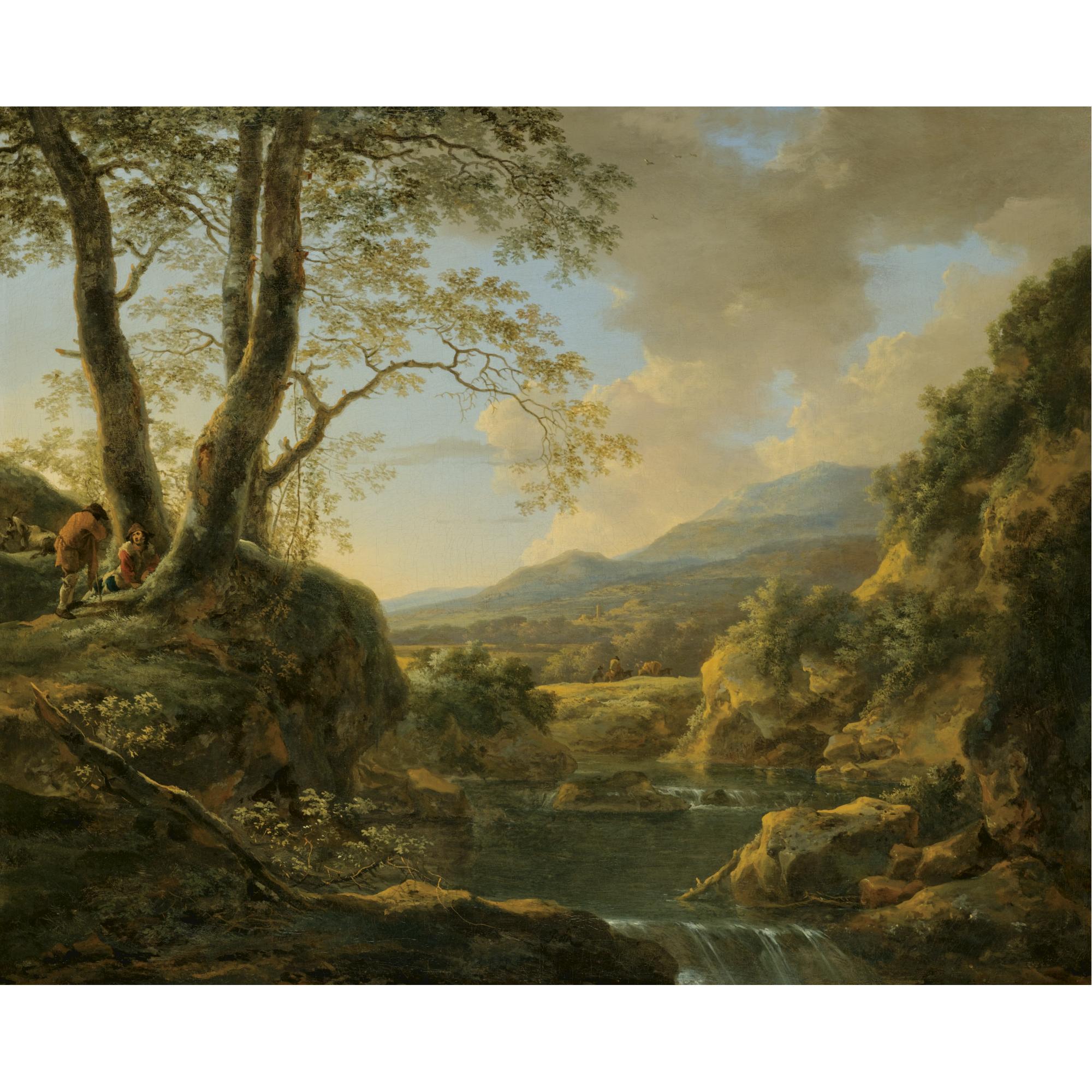 Jan Both - An Extensive River Landscape With Herdsmen Resting Their Goats Under A Tree