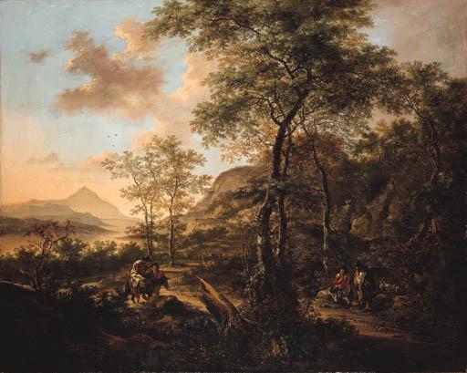 Jan Both - An Italianate evening landscape with a muleteer and goatherds on a wooded path, a river and mountains beyond