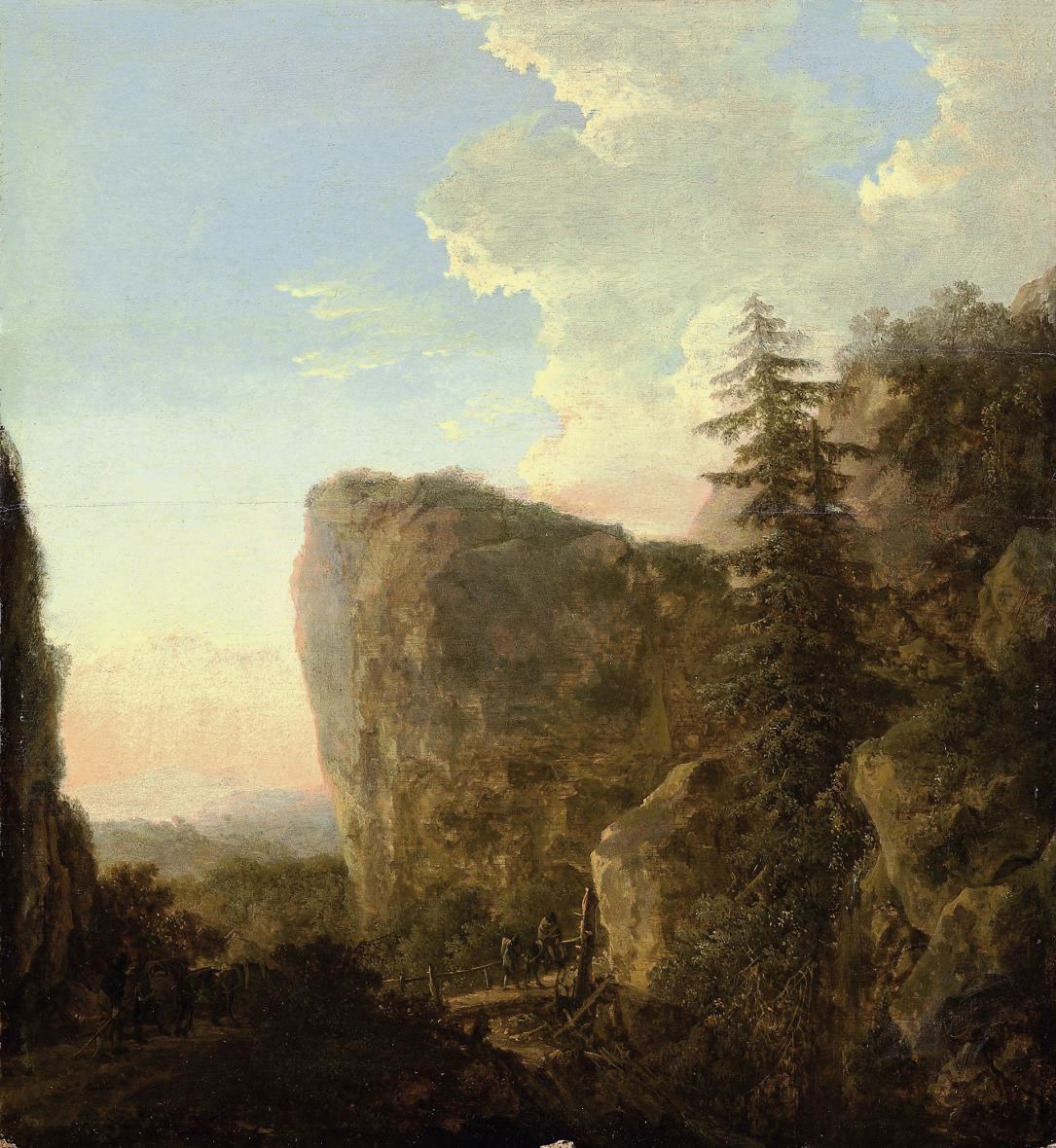 Jan Both - An Italianate landscape with a muleteer and travellers on a mountain track