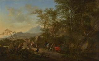 Jan Both - An Italianate landscape with huntsmen and villagers on a path and shepherds with their herd in the background