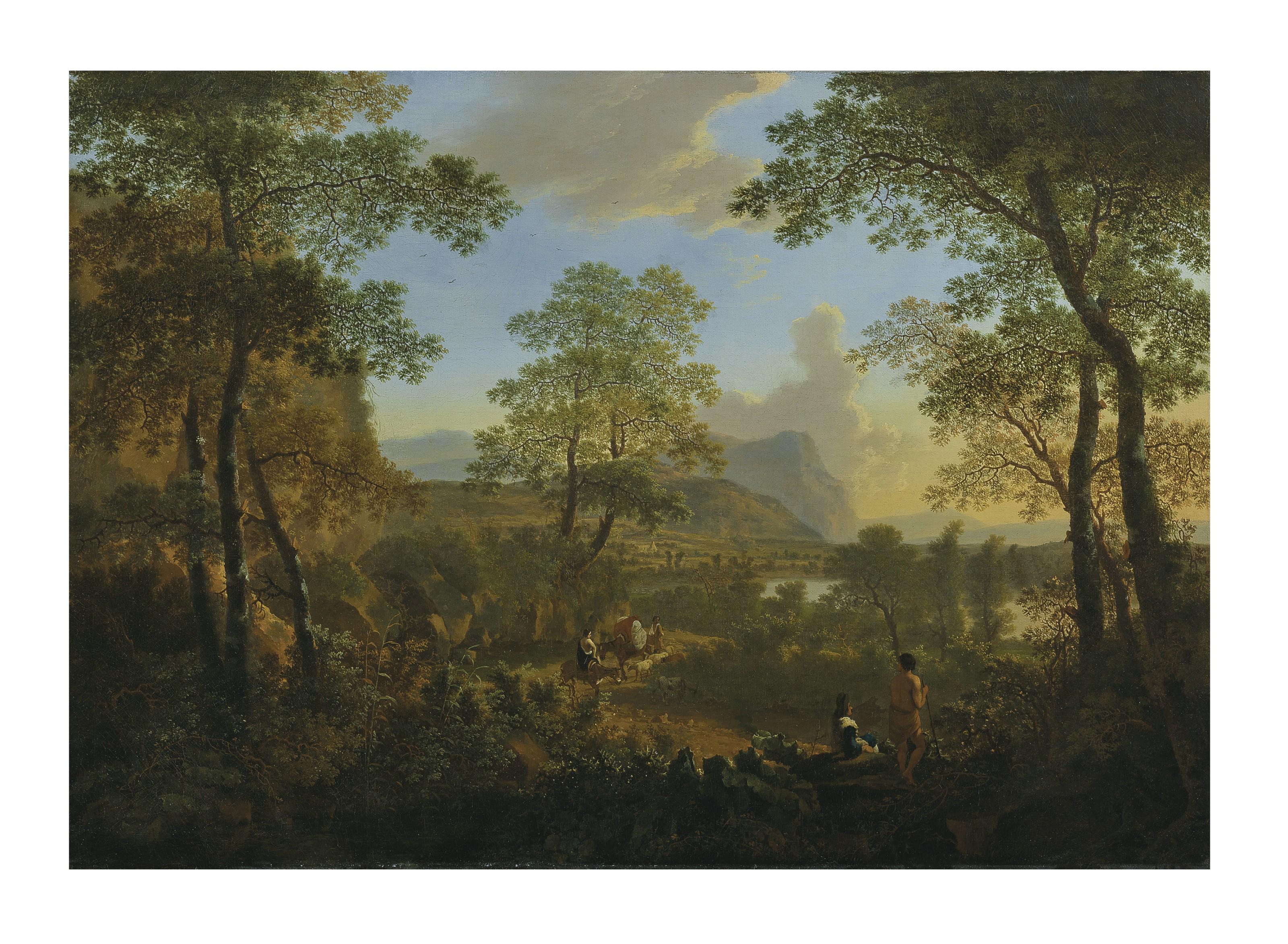 Jan Both - An Italianate landscape with travelers on a path
