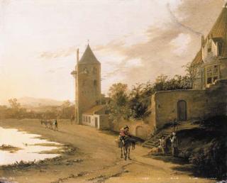 Jan Both - An Italianate landscape with travellers on a path before the Plompetoren, Utrecht