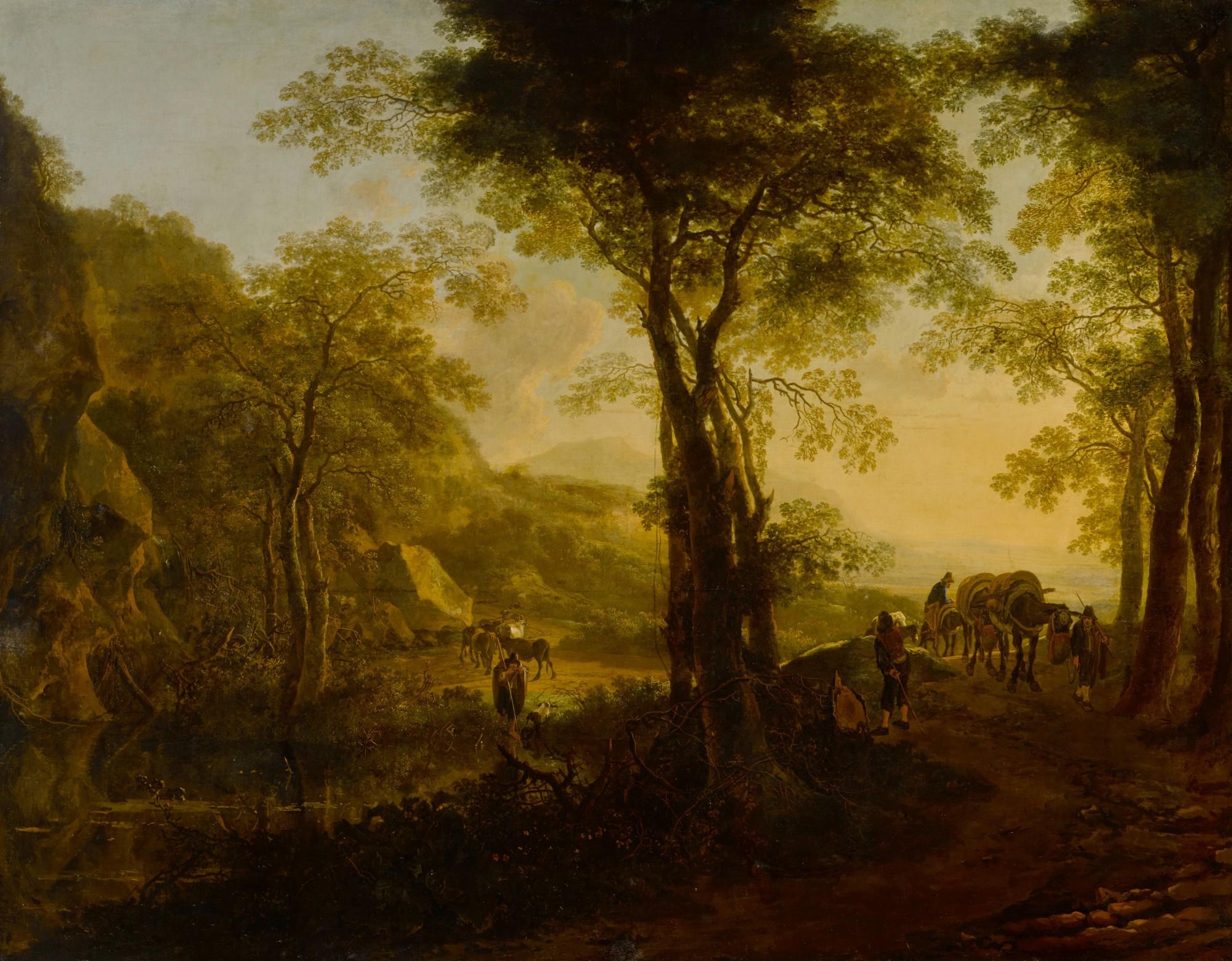 Jan Both - Italianate Landscape At Sunset, With Travelers On A Country Road