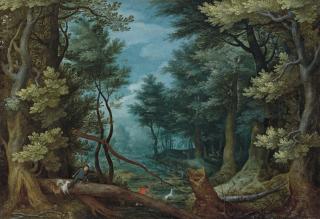 Jan Breughel I - A forest landscape with hunters giving chase to a stag